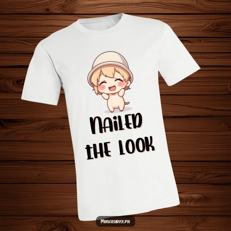 Funny tiny character giggling while attempting to wear a thimble as a hat, featured on this comfortable and humorous graphic t-shirt.