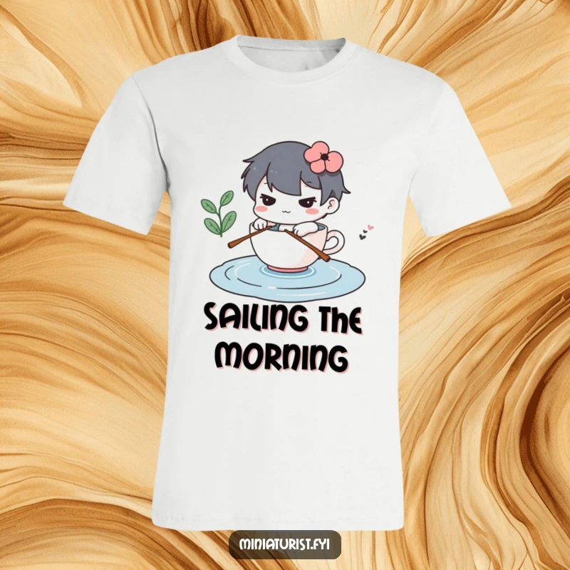 Funny t-shirt of a determined miniature character rowing a teacup across a puddle, a humorous adventure apparel.