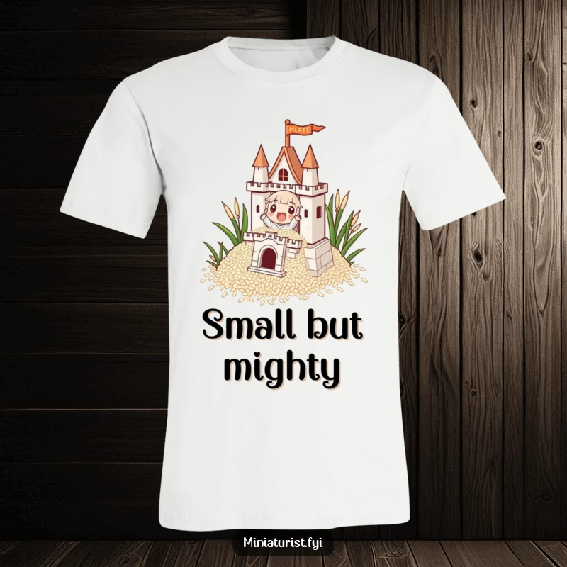 Funny, tiny character energetically building an intricate castle from rice grains on a comfortable t-shirt, showcasing dedication.