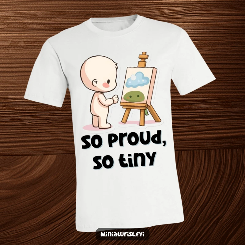 Funny Proud Artist T-Shirt featuring a small figure admiring a tiny artwork with pride and a smile, celebrating artistic achievement humorously.