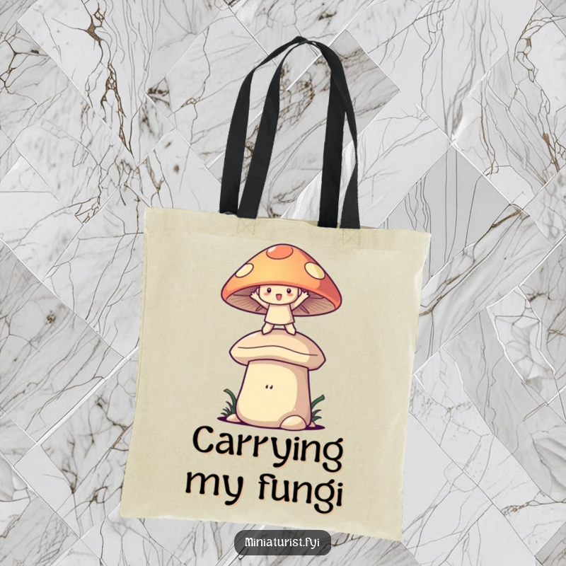 Funny mushroom balance tote bag featuring a character on a giant mushroom cap, perfect for carrying essentials with whimsical flair.