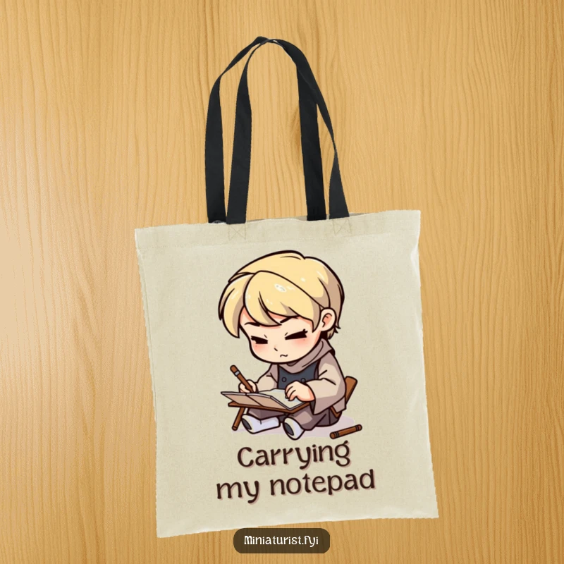 Funny Artisan Sketcher Tote Bag showing a small figure sketching determination on a tiny notepad, a humorous and practical accessory.