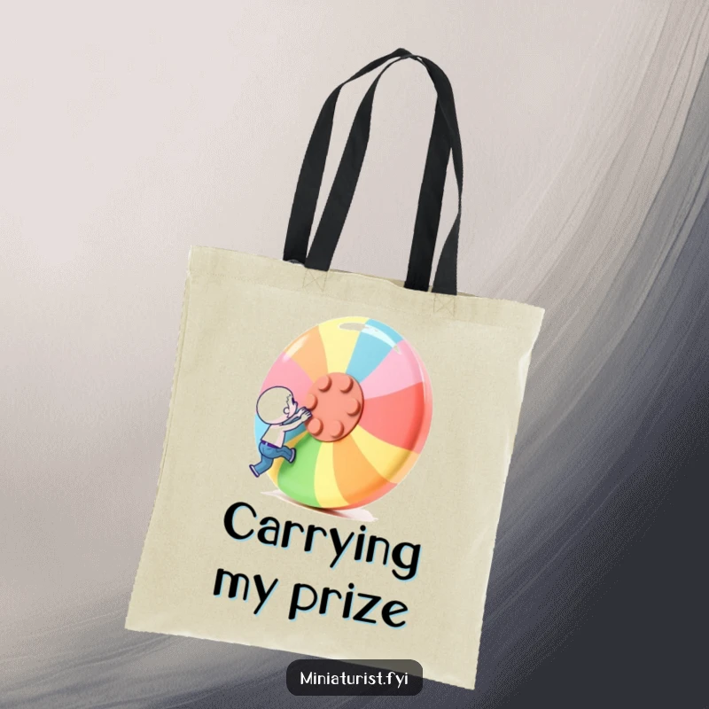 Funny Tote Bag: A miniature character strains to lift a giant button, representing effort and determination.