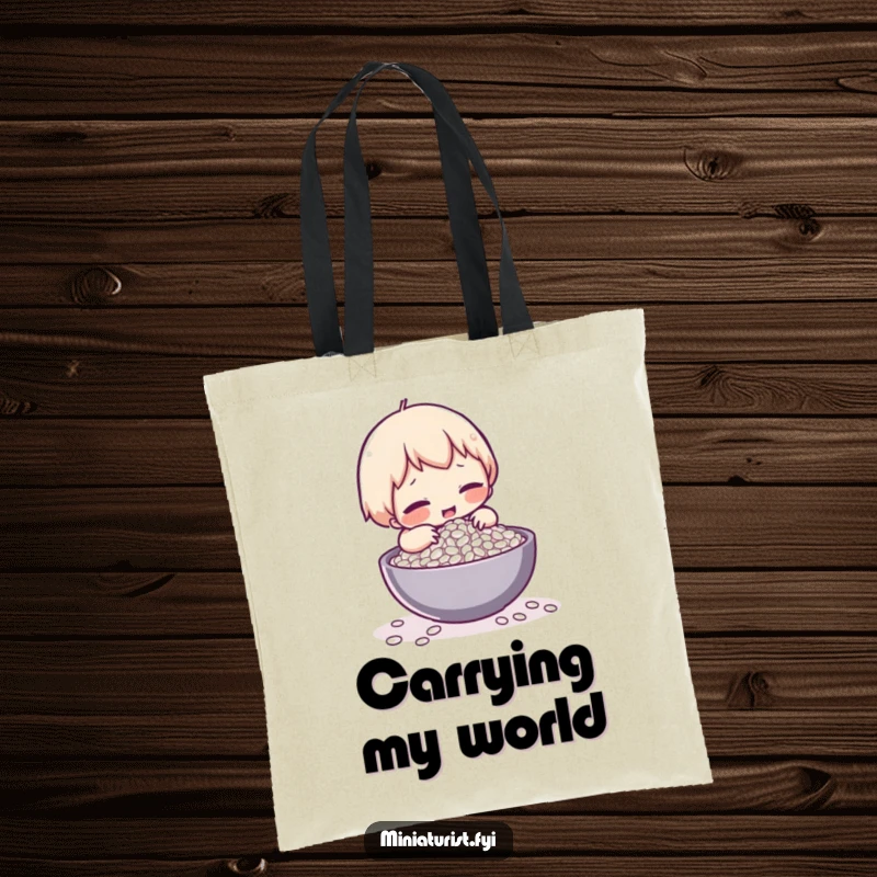 Funny tote bag depicting a tiny character comically struggling to lift a single grain of rice, highlighting humor and effort.