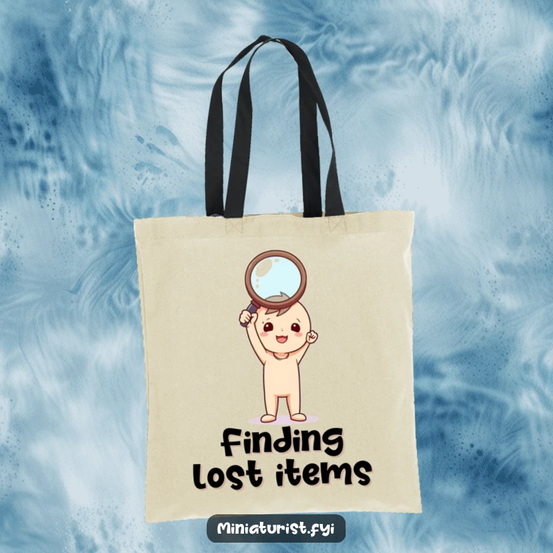 Funny Investigator Tote Bag: Small triumphant figure holding a comically large magnifying glass aloft, perfect for carrying treasures.