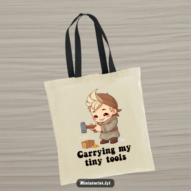 Funny Artisan Hammer Tote Bag, durable bag featuring a focused tiny artisan hammering with a small hammer, ideal for makers.