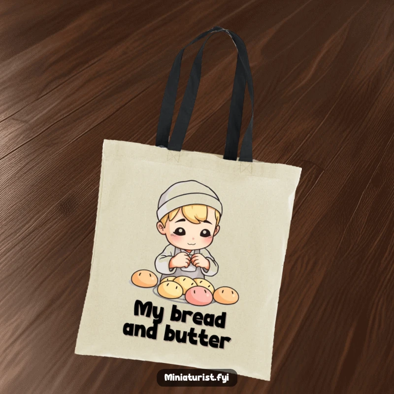 Funny Baker Loaf Tote Bag, durable bag with a small baker shaping minuscule bread loaves with playful focus, for carrying supplies.