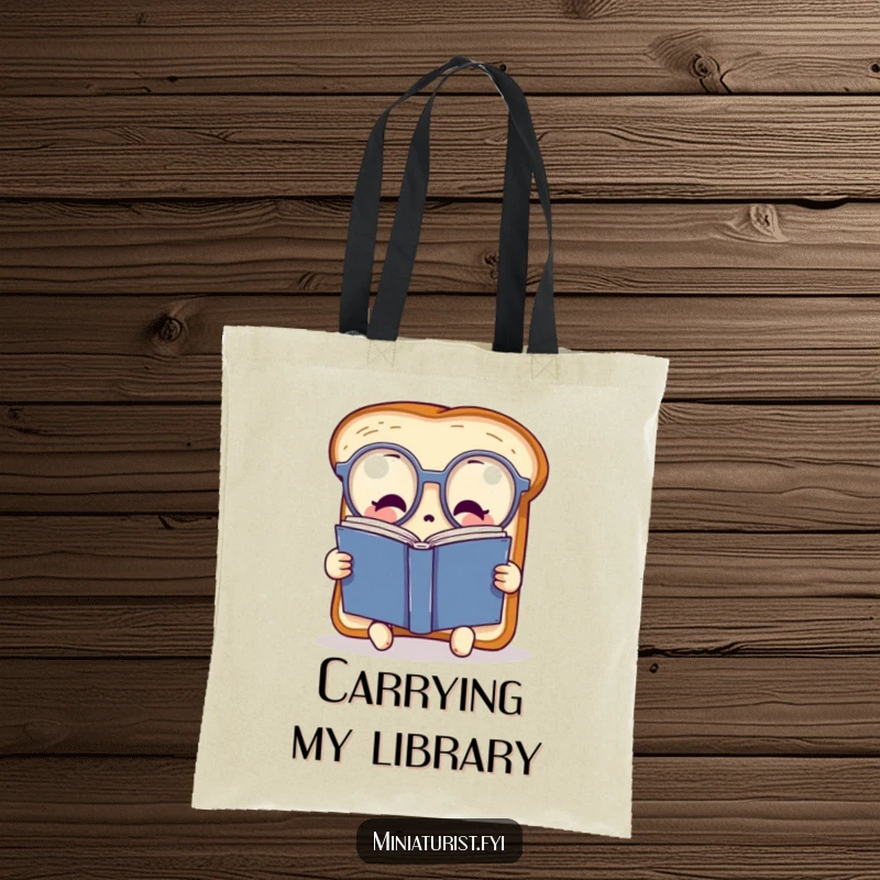 Funny miniature toast wearing oversized spectacles, engrossed in a colossal book, printed on a durable tote bag for book lovers.