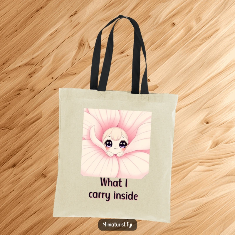 Funny curious flower tote bag with a character peeking from a colossal flower petal, perfect for carrying essentials with wonder.