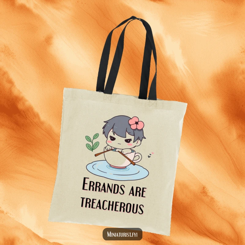 Funny tote bag with a determined miniature character rowing a teacup across a puddle, a humorous travel accessory.