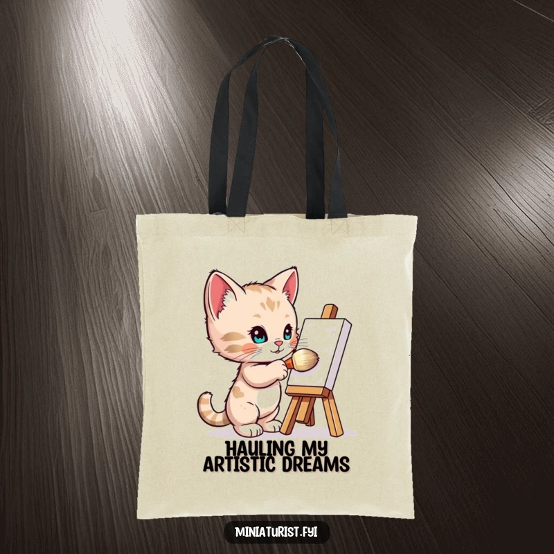 Funny Tote Bag: A miniature kitten artist passionately paints on a tiny easel using a disproportionately large brush.