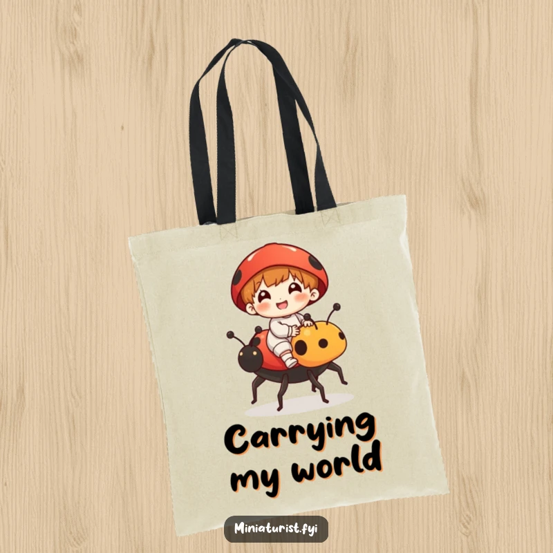 Funny tote bag depicting a small person riding a ladybug as a steed, embodying adventure and humor, perfect for everyday use.