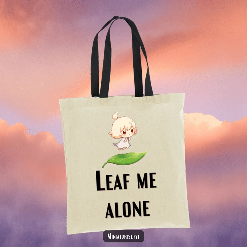 Funny tote bag featuring a tiny character riding a leaf, carried by a gentle breeze, perfect for humorous, lighthearted carrying.
