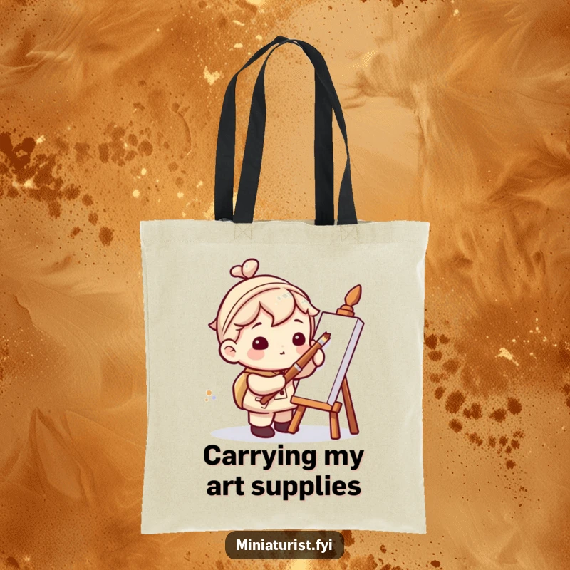 Funny tote bag depicting a miniaturist character humorously painting a tiny dot with a colossal paintbrush, perfect for artists.