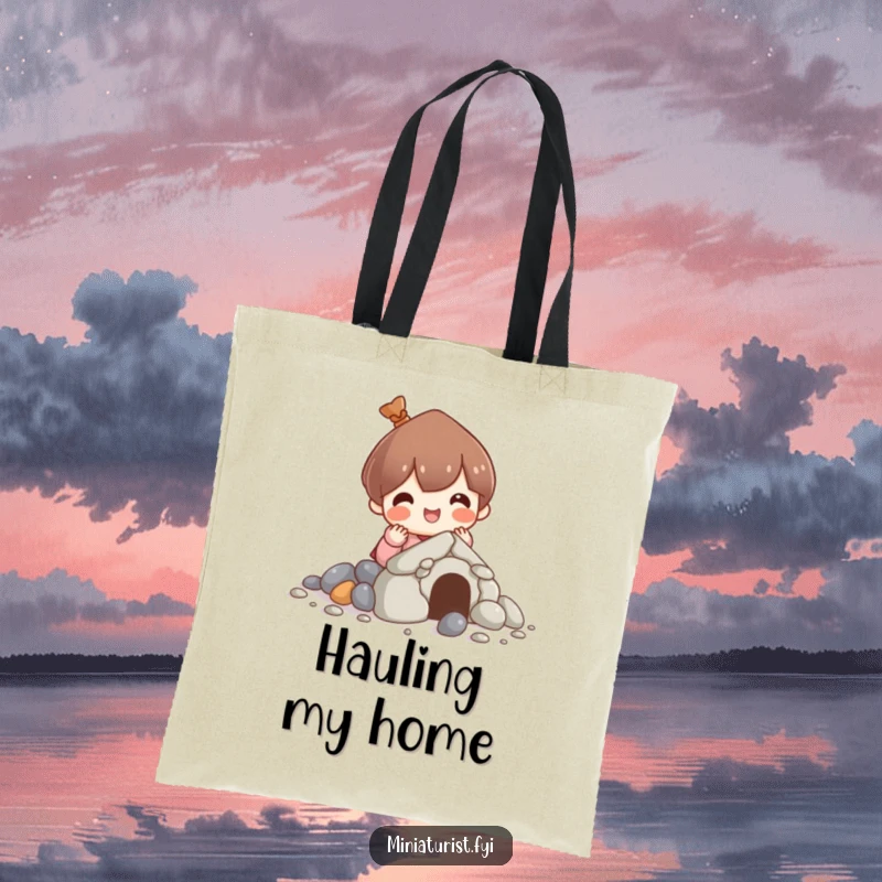 Funny tote bag showing a character happily constructing a small house made of pebbles, highlighting creativity and DIY spirit.