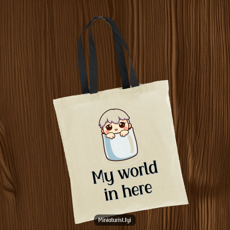 Funny Tote Bag: A miniature character's surprised face emerges from a tiny thimble, creating a humorous scene.