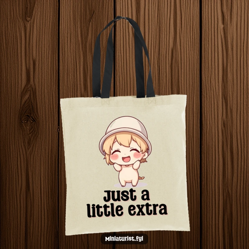 Funny tiny character giggling while attempting to wear a thimble as a hat, showcased on a spacious and stylish tote bag.