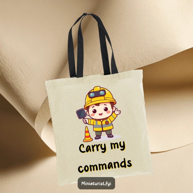 Funny tote bag with a tiny character in a construction hat directing miniature traffic, representing organization and playful control.