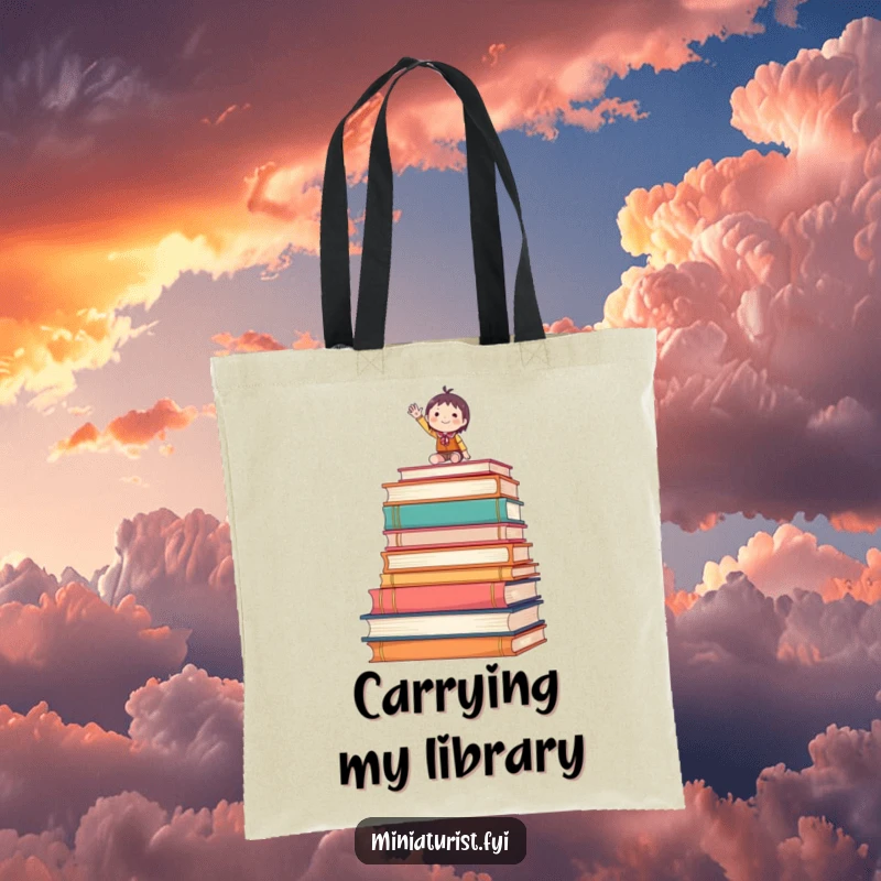Funny tote bag with a tiny figure waving enthusiastically from atop a stack of oversized books, a literary accessory.