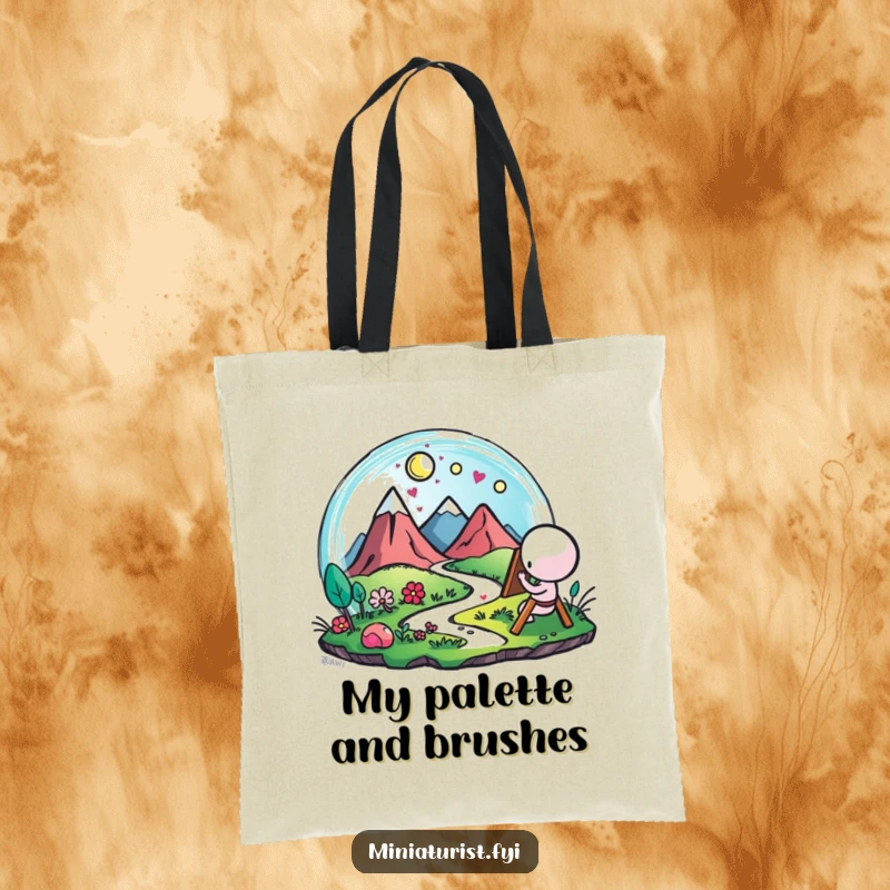 Funny Artist Landscape Tote Bag, durable bag with a small figure painting a miniature landscape with vibrant, happy strokes, for art supplies.