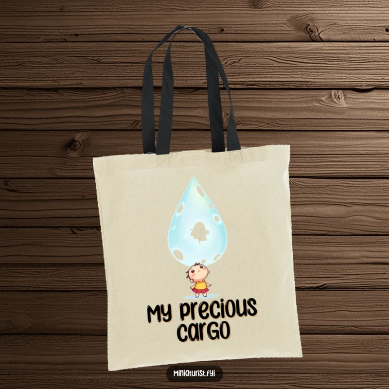 Funny tiny character looking up in awe at a massive, sparkling dewdrop, featured on a durable and stylish tote bag.