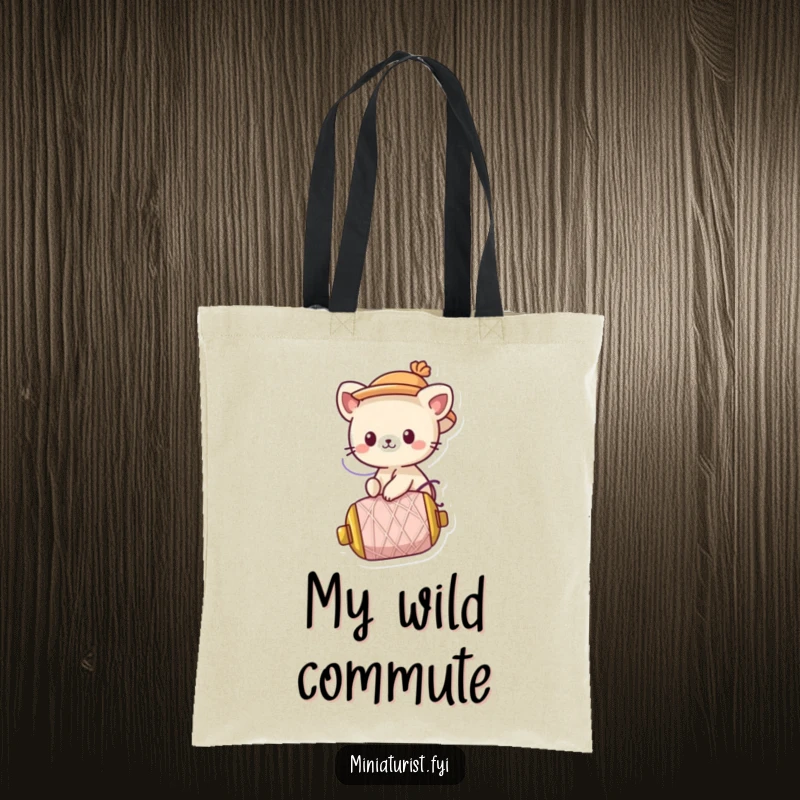 Funny Tote Bag: A cute animal character in a tiny hat rides a runaway spool of thread, ready for adventure.